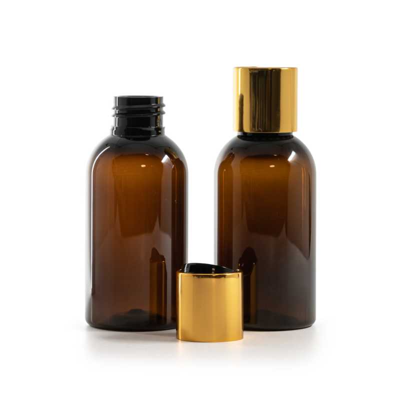 Plastová láhev, hnědá, disc top uzávěr, zlatý, černý vrch, 250 ml-kopie