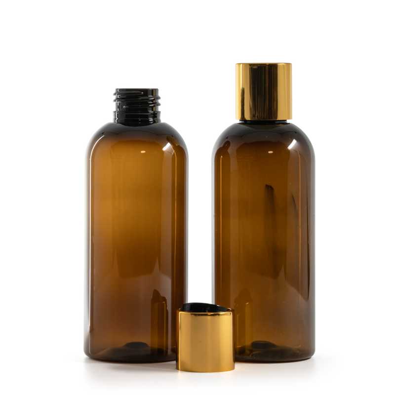 Plastová láhev, hnědá, disc top uzávěr, zlatý, černý vrch, 200 ml
