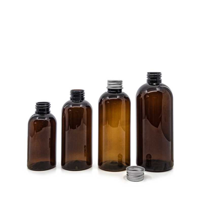 Plastová láhev, hnědá, hliníkový víko, 150 ml