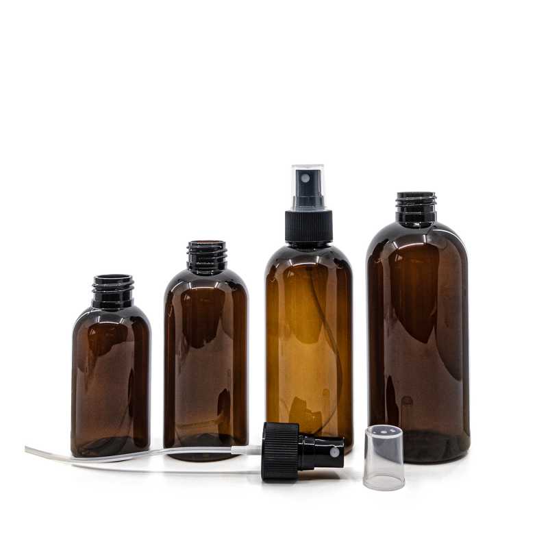 Plastová láhev, hnědá, plast. rozprašovač, černý, 100 ml