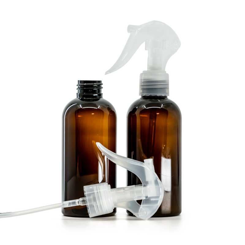 Plastová láhev, hnědá, průhledný pákový rozprašovač, 150 ml