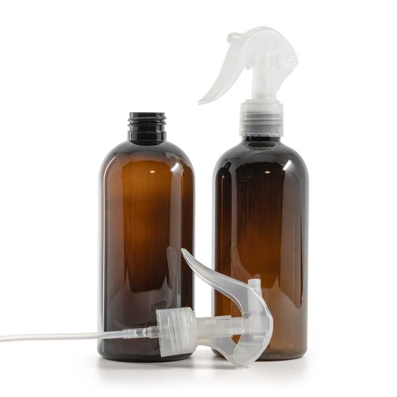 Plastová láhev, hnědá, průhledný pákový rozprašovač, 300 ml