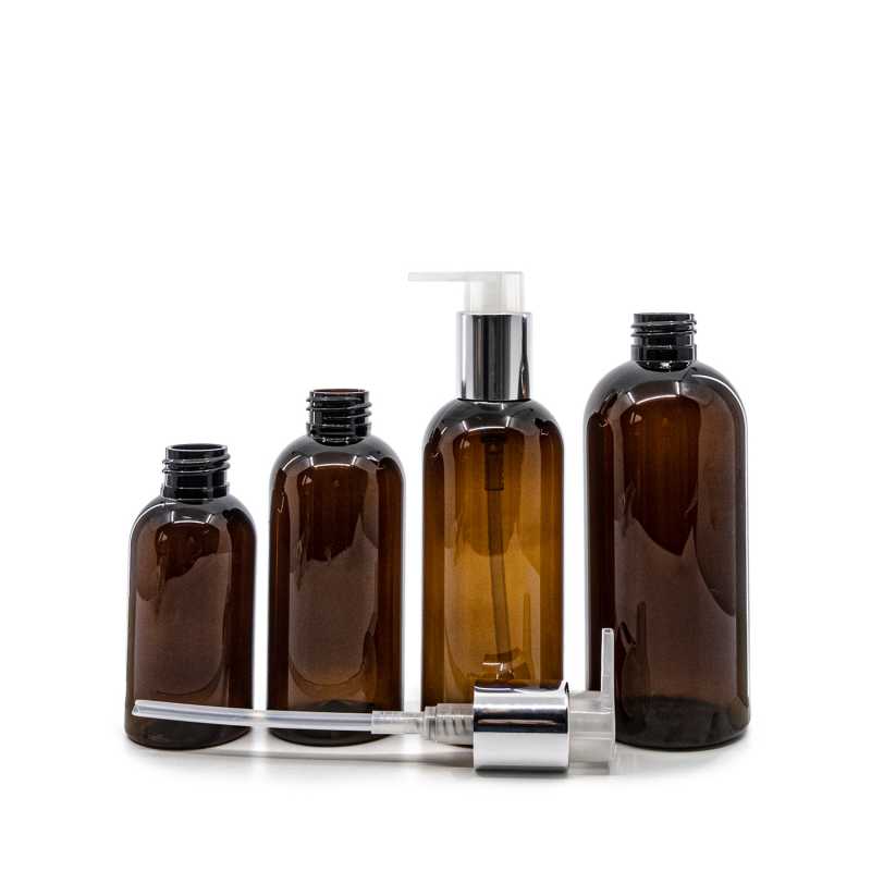 Plastová láhev, hnědá, plast. dávkovač stříbrný, 150 ml