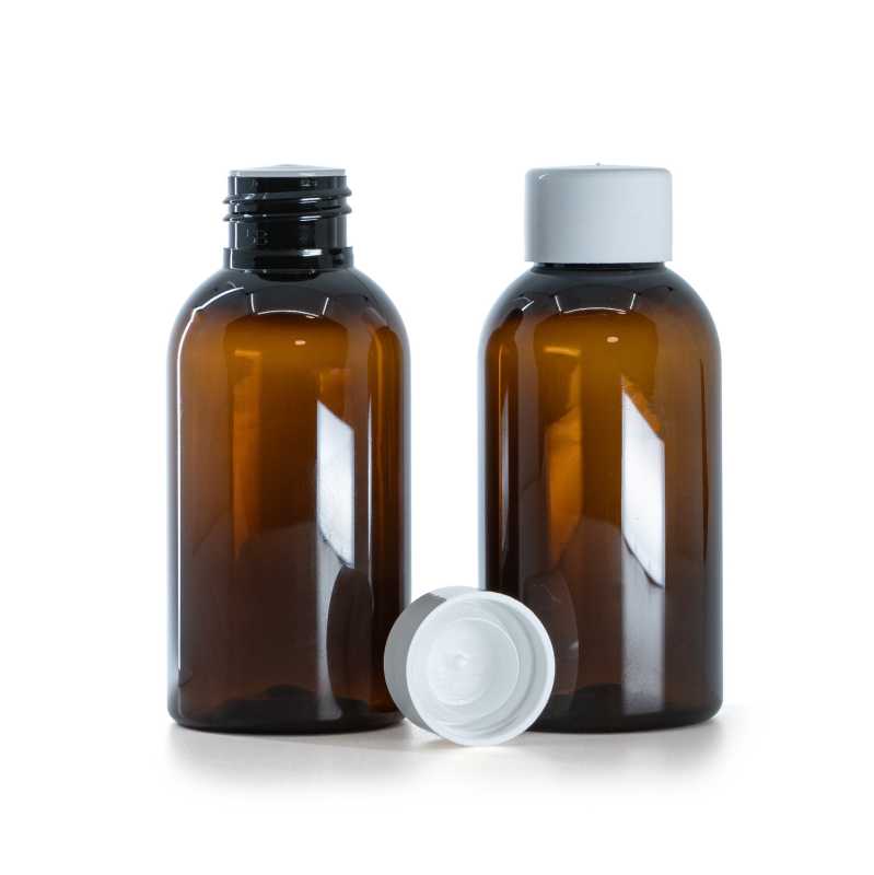 Hnědá plastová láhev, bílý hladký uzávěr s redukcí, 100 ml