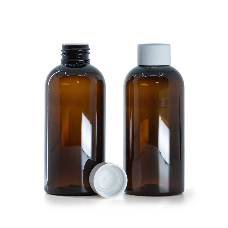 Hnědá plastová láhev, bílý hladký uzávěr s redukcí, 150 ml