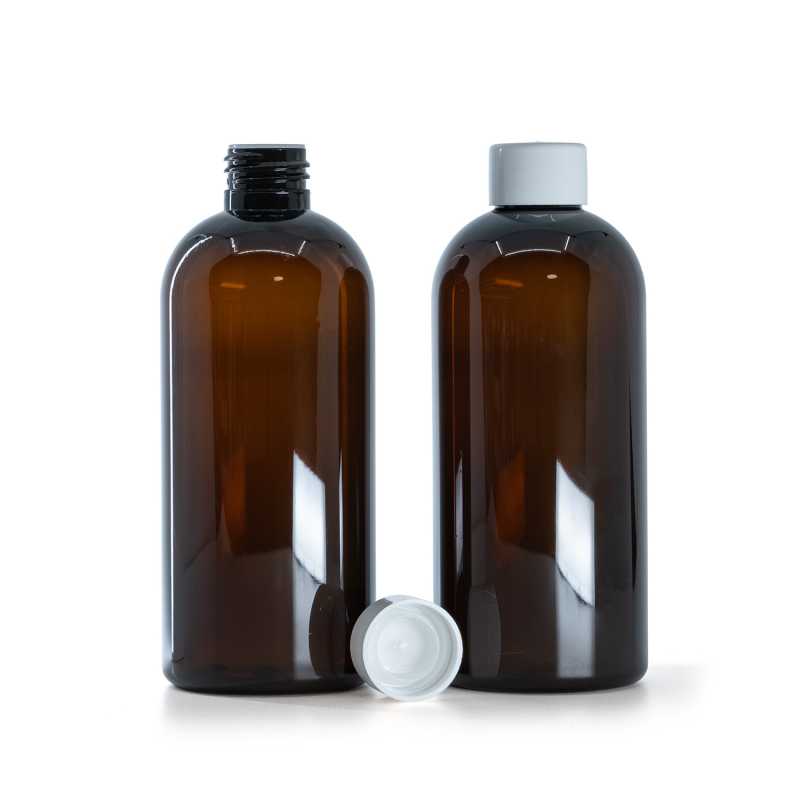 Hnědá plastová láhev, bílý hladký uzávěr s redukcí, 300 ml