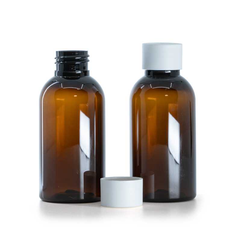 Hnědá plastová lahvička, matný bílý uzávěr, 100 ml