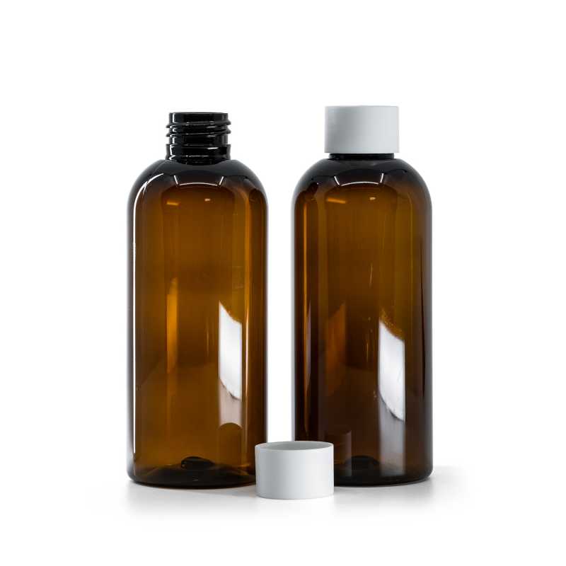 Hnědá plastová láhev, matné bílé víčko, 200 ml
