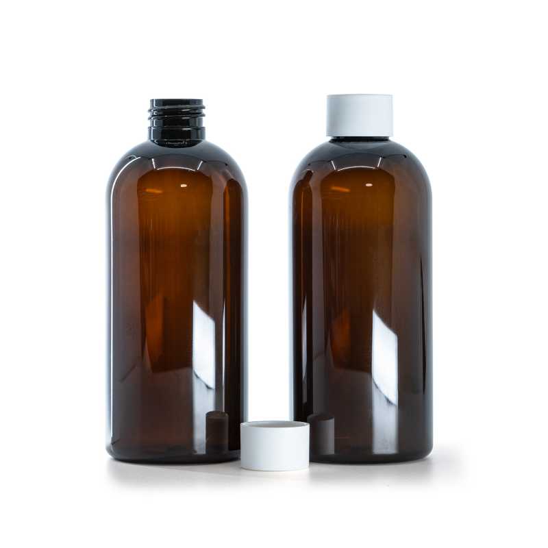 Hnědá plastová láhev, matné bílé víčko, 300 ml