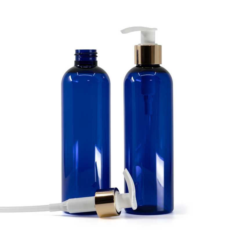Plastová láhev, modrá, bílo-zlatý dávkovač, 250 ml
