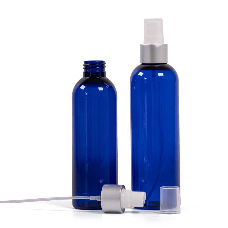 Plastová láhev, modrá, bílý sprej, stříbrná matná obruč, 200 ml
