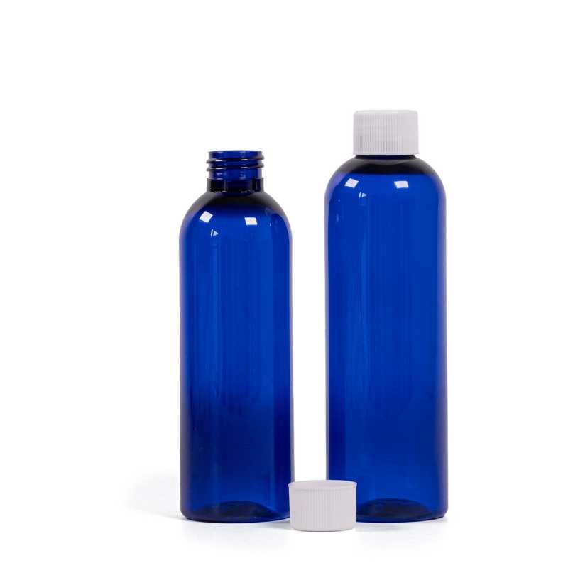 Plastová láhev, modrá, bílý uzávěr, 250 ml