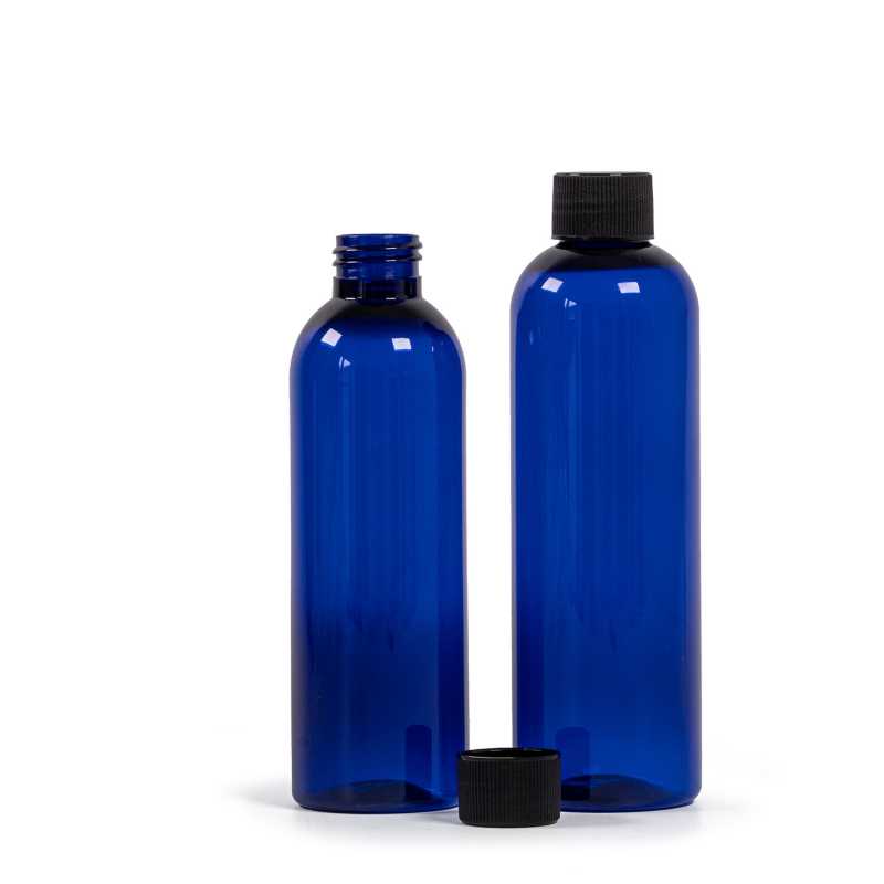 Plastová láhev modrá, černý vroubkovaný uzávěr, 250 ml