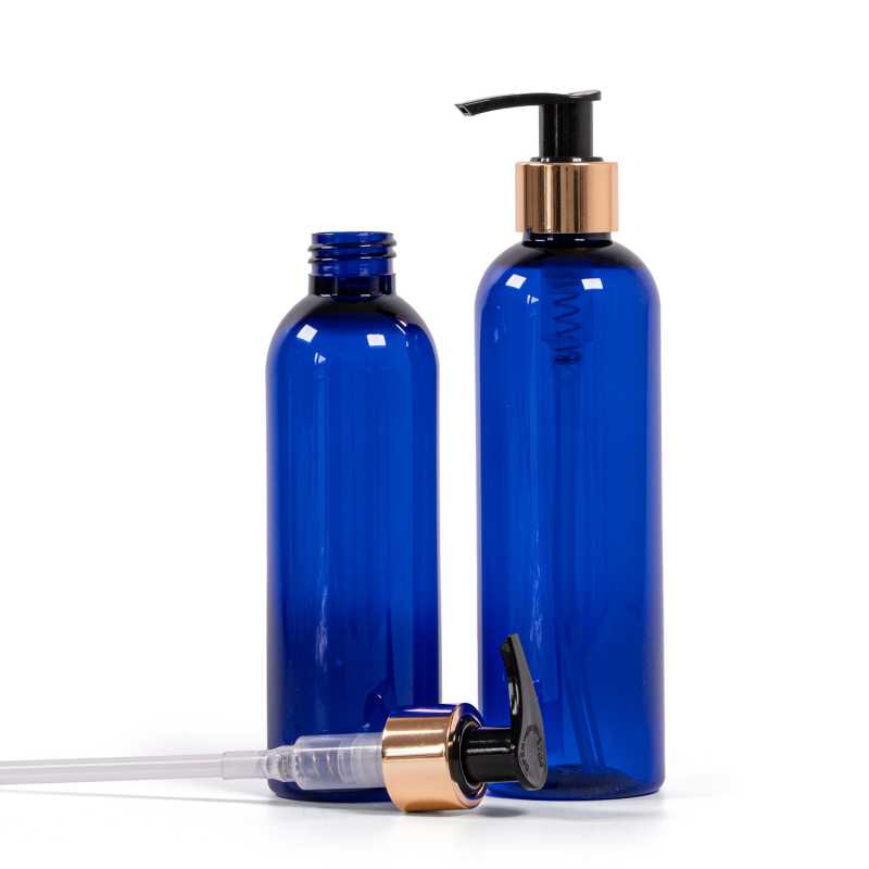 Plastová láhev, modrá, plastový dávkovač zlatý, 200 ml