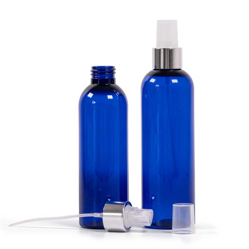 Plastová láhev, modrá, průhledný sprej, stříbrná lesklá obruč, 200 ml