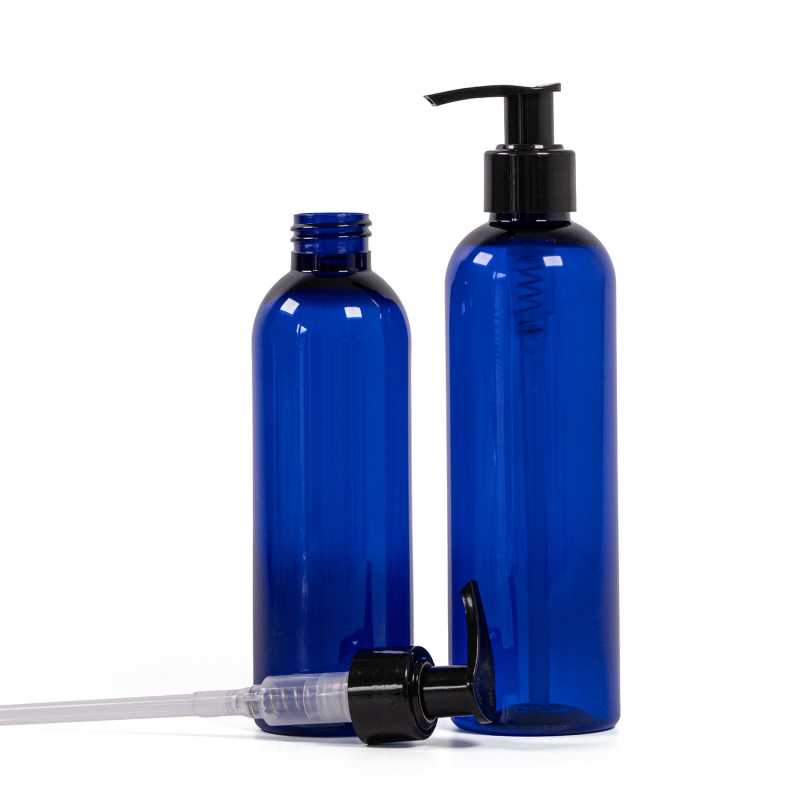 Plastová láhev modrá s černým dávkovačem, 250 ml