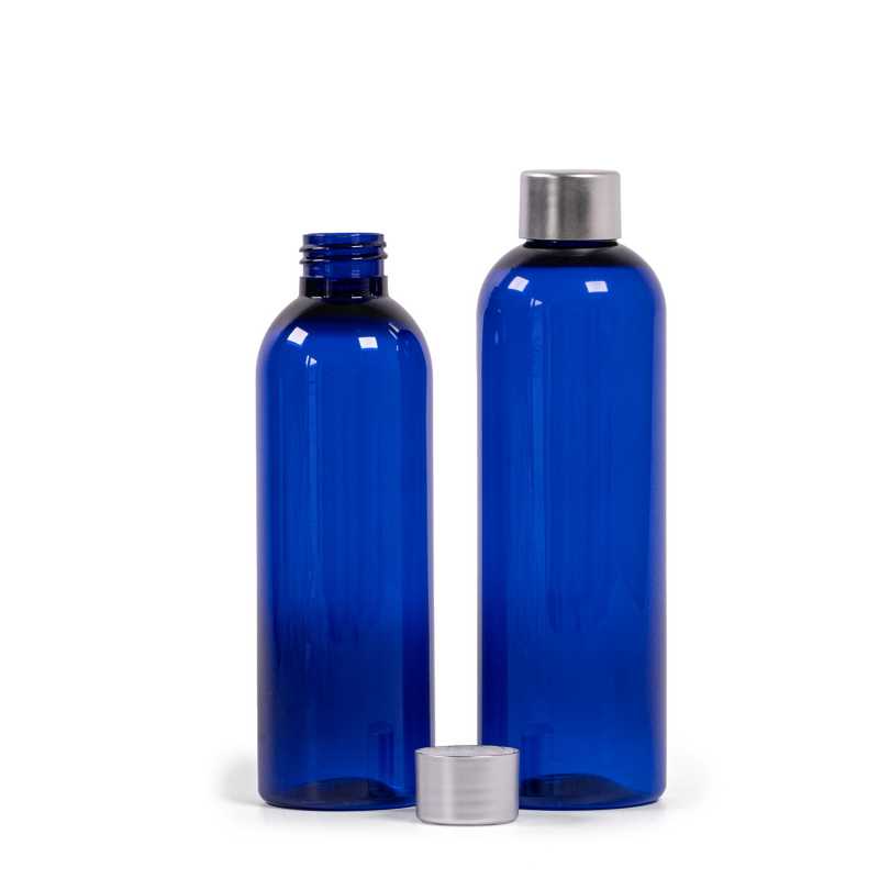 Plastová láhev modrá se stříbrným uzávěrem, 250 ml