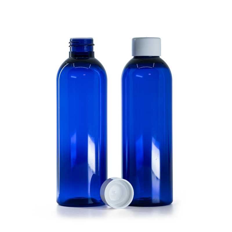 Plastová láhev modrá, bílý hladký uzávěr s redukcí, 200 ml