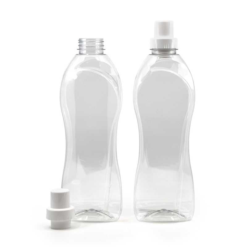Průhledná plastová láhev o objemu 1 litr pro skladování různých tekutin, zejména čisticích prostředků a změkčovadel tkanin, se speciálně uprave