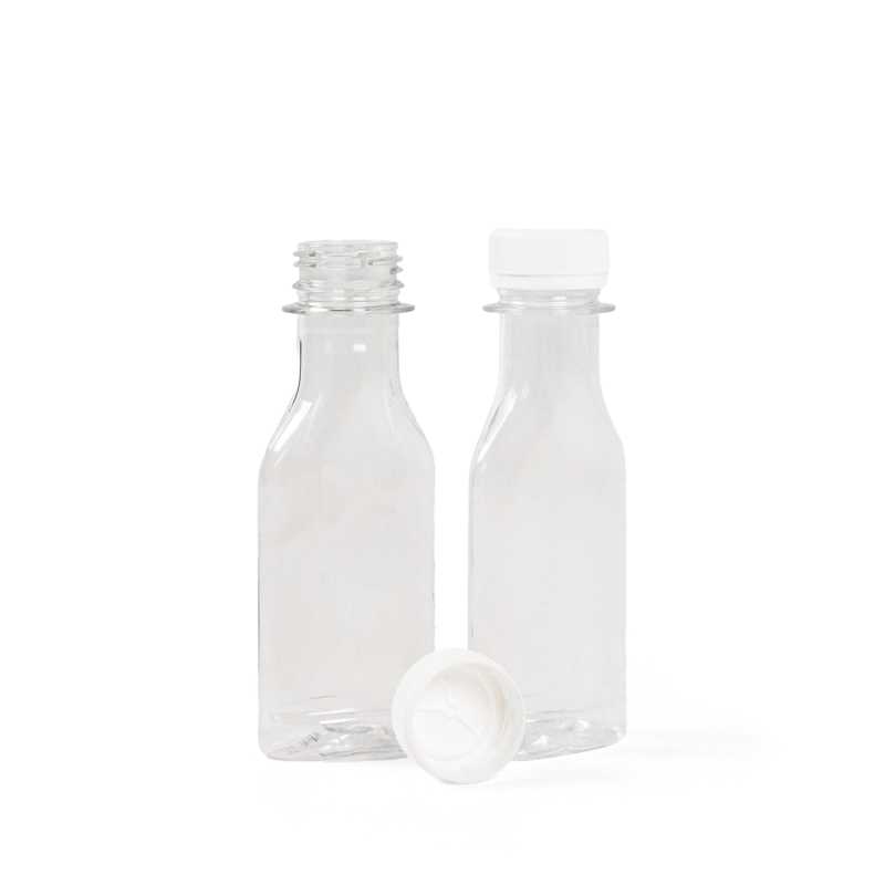 Plochá transparentní plastová láhev, bílý uzávěr, 50 ml, 100 ks