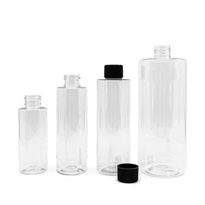 Plastová láhev, průhledná, 100 ml, černé vroubkované víčko