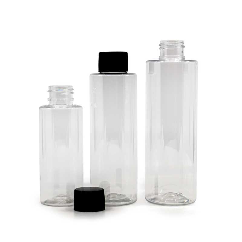 Průhledná plastová láhev , ideální pro uskladnění různých tekutin, olejů, pleťových krémů a podobně. Je polotvrdá, ale dá se zmáčknout. Obje