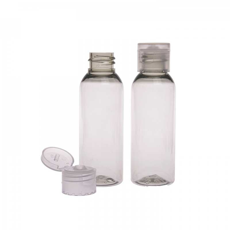 Průhledná plastová láhev, ideální pro uchovávání různých tekutin, olejů, pleťových vod apod. Je polotuhá, ale lze ji stlačit. Vyrobeno z recyklo