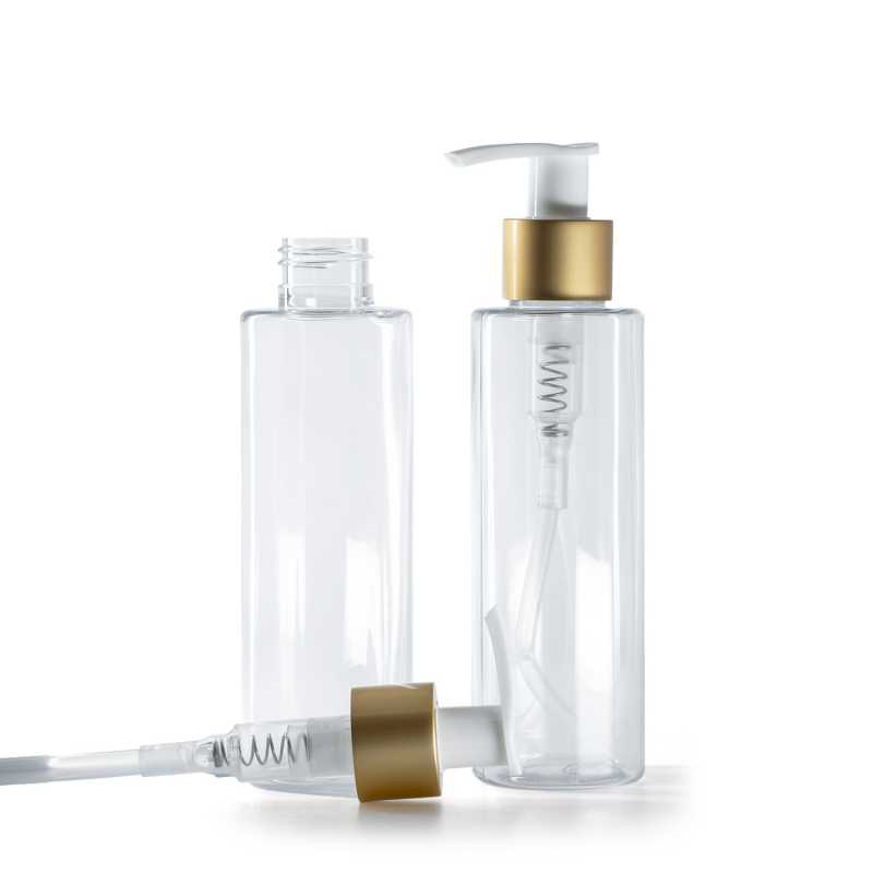 Plastová průhledná láhev, bílý dávkovač s matným zlatým kroužkem, 150 ml