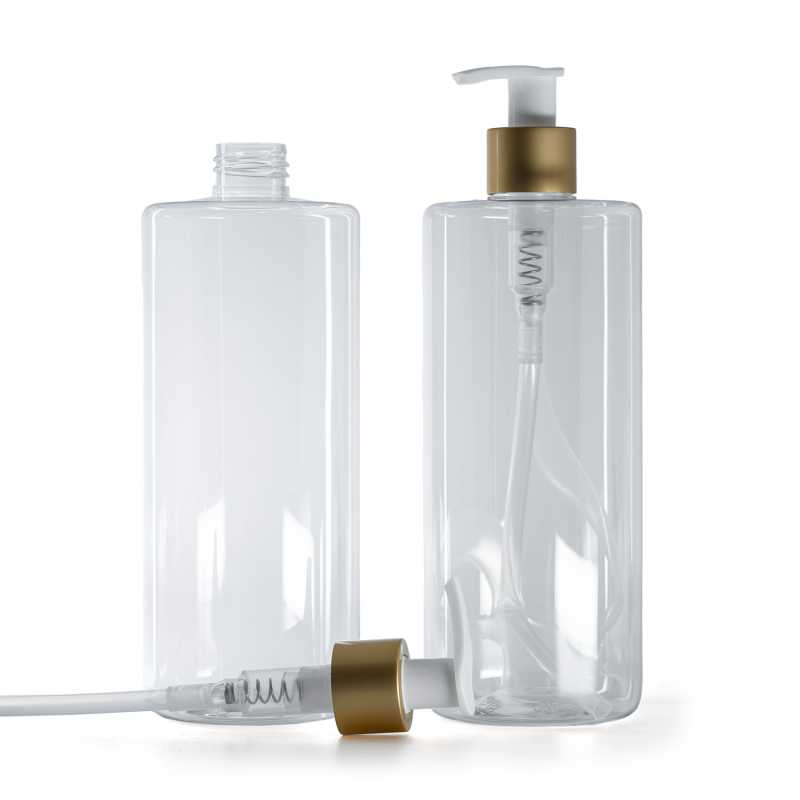 Plastová průhledná láhev s bílým dávkovačem a matným zlatým kroužkem, 500 ml