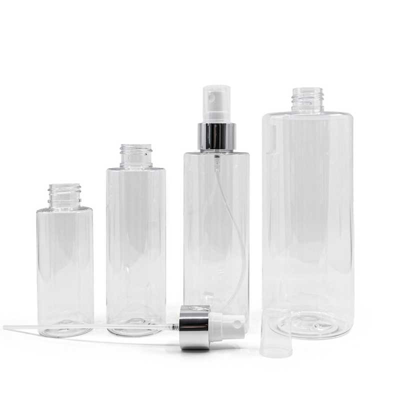 Plastová láhev průhledná, bílý sprej, stříbrná lesklá obruč, 100 ml