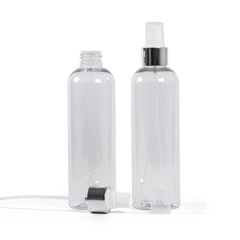 Plastová láhev průhledná, bílý sprej, stříbrná lesklá obruč, 250 ml