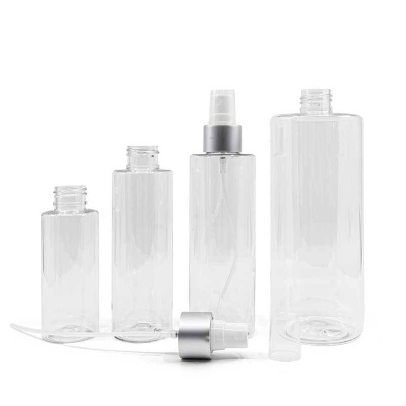Plastová láhev transparentní, bílý rozprašovač, stříbrná matná obruč, 100 ml