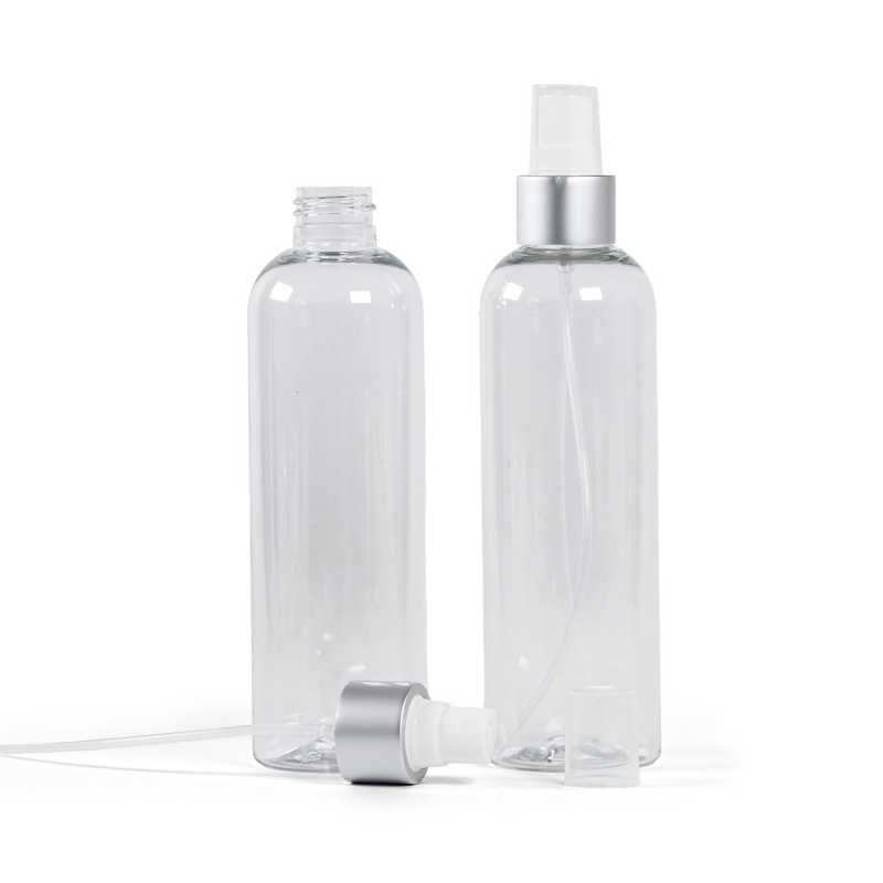 Plastová láhev průhledná, bílý sprej, stříbrná matná obruč, 250 ml