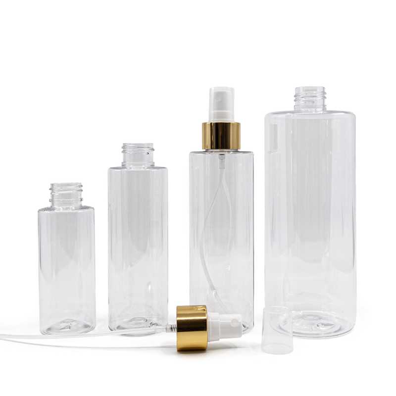 Plastová láhev průhledná, bílý rozprašovač, zlatá lesklá obruč, 150 ml