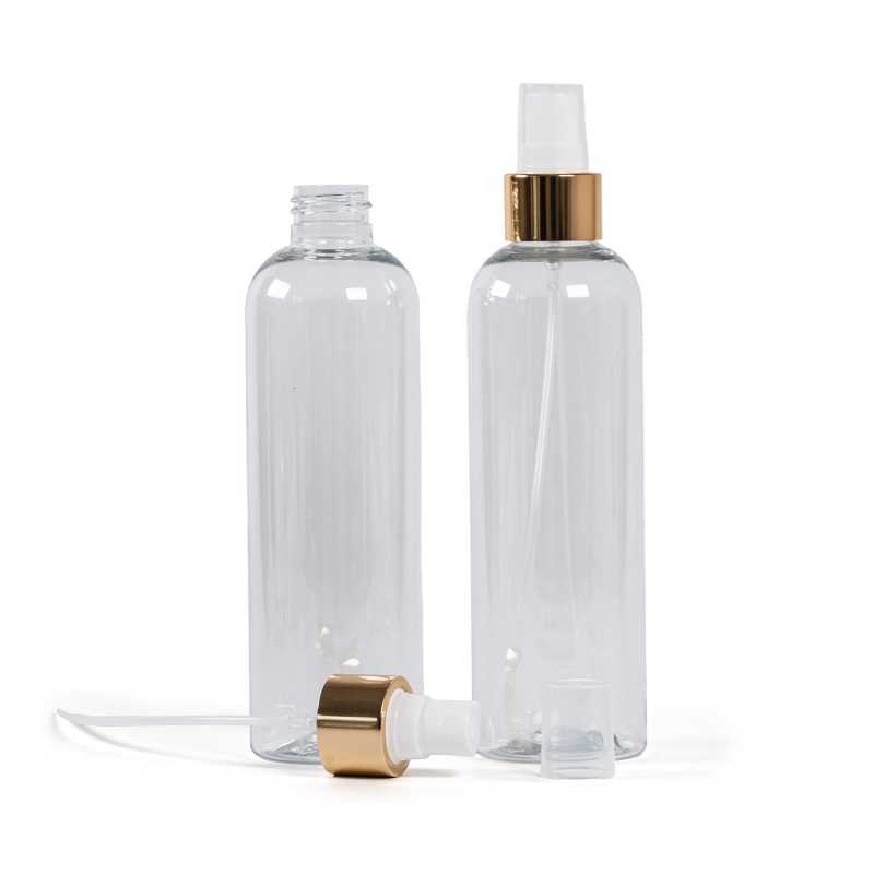Plastová láhev průhledná, bílý sprej, zlatá lesklá obruč, 250 ml