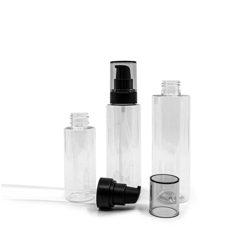 Plastová láhev, průhledná, černý dávkovač s dymovým krytem, 200 ml