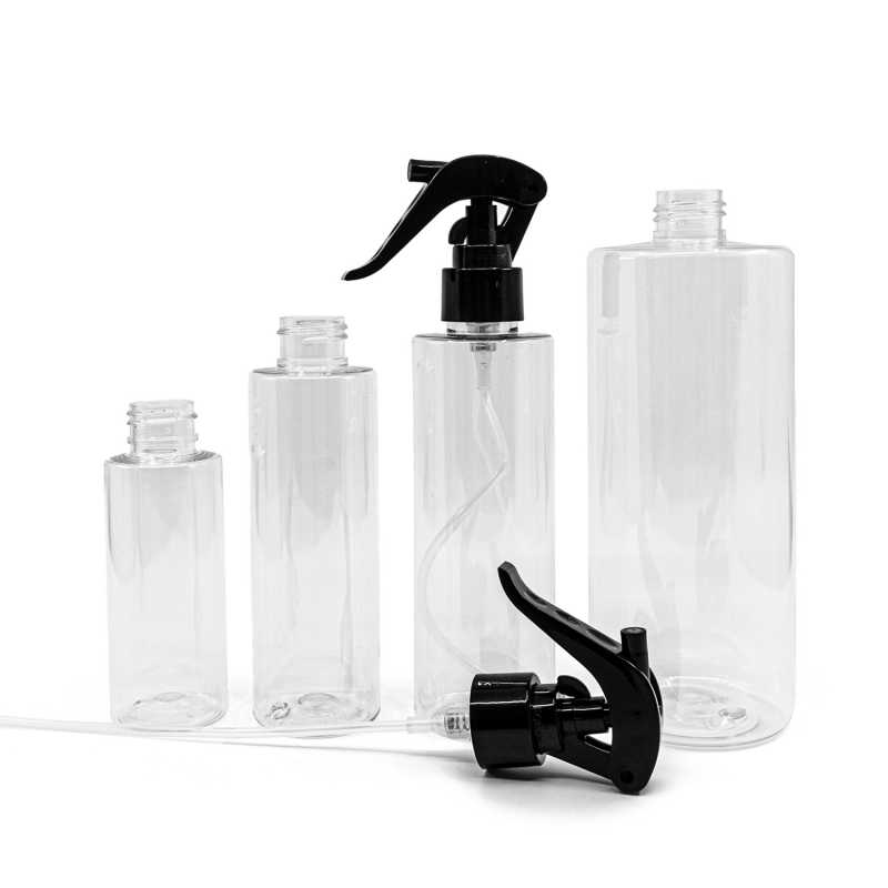 Plastová láhev, průhledná, černý pákový rozprašovač, 200 ml