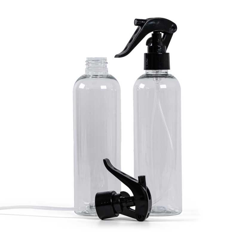 Plastová láhev, průhledná, černý pákový rozprašovač, 250 ml