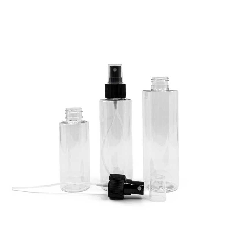 Plastová láhev, průhledná, černý rozprašovač 200 ml