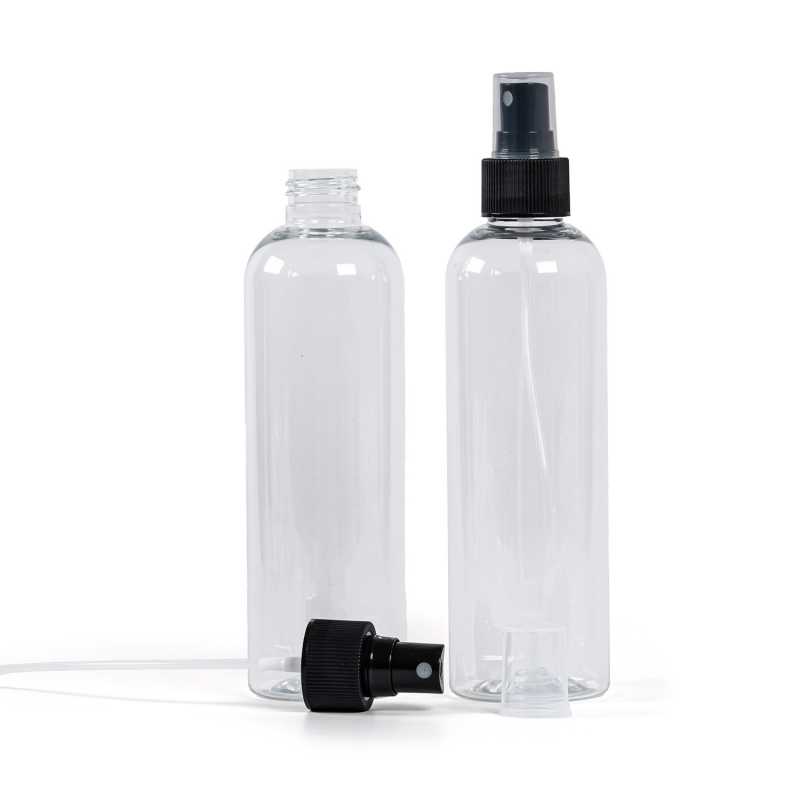 Plastová láhev, průhledná, černý rozprašovač 250 ml