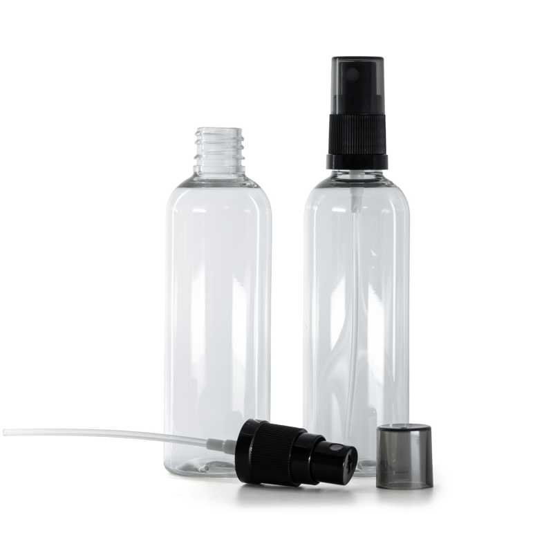 Plastová lahvička průhledná, černý rozprašovač, dýmový kryt, 100 ml
