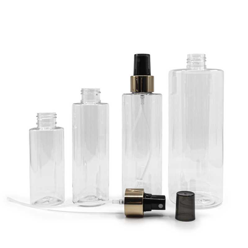 Plastová láhev průhledná, černý rozprašovač, zlatá lesklá obruč, 100 ml