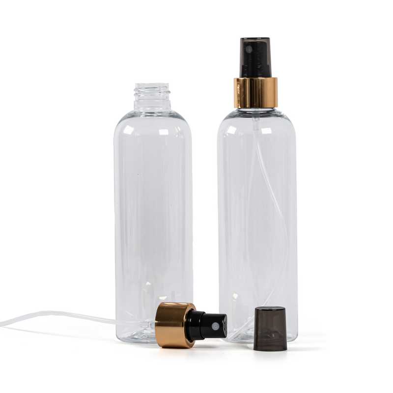 Plastová láhev průhledná, černý sprej, zlatá lesklá obruč, 250 ml