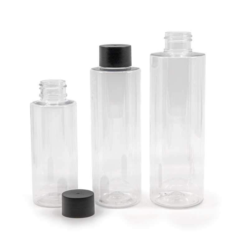 Průhledná plastová láhev , ideální pro uskladnění různých tekutin, olejů, pleťových krémů a podobně. Je polotvrdá, ale dá se zmáčknout. Obje