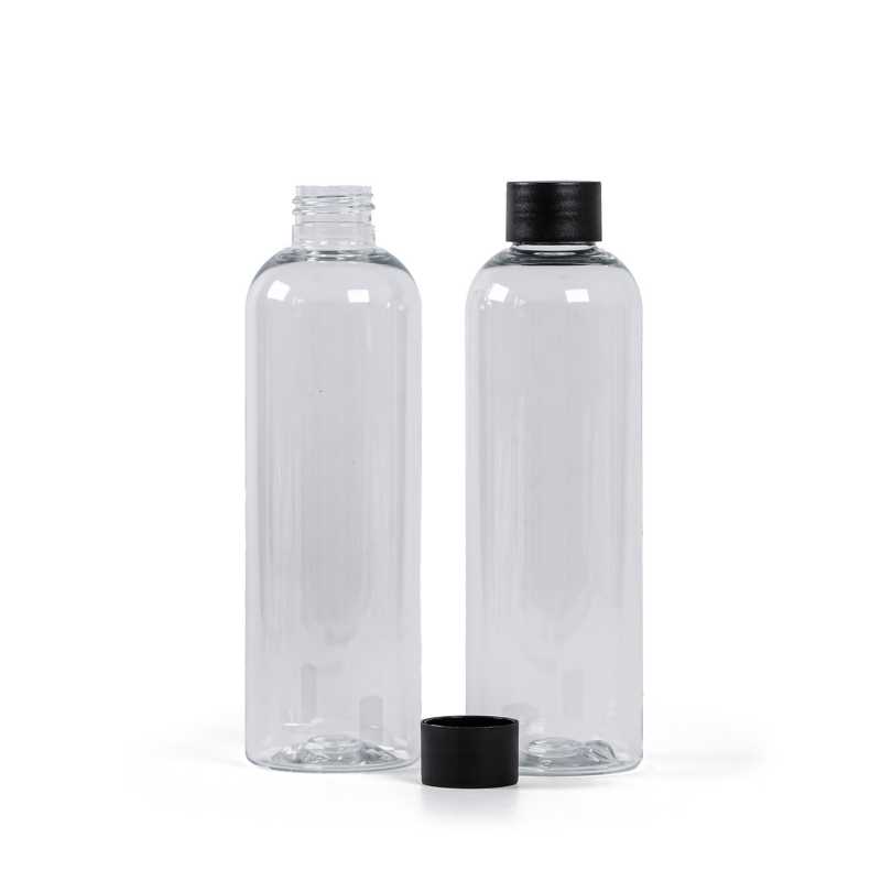 Plastová láhev, průhledná, černé víčko, 250 ml