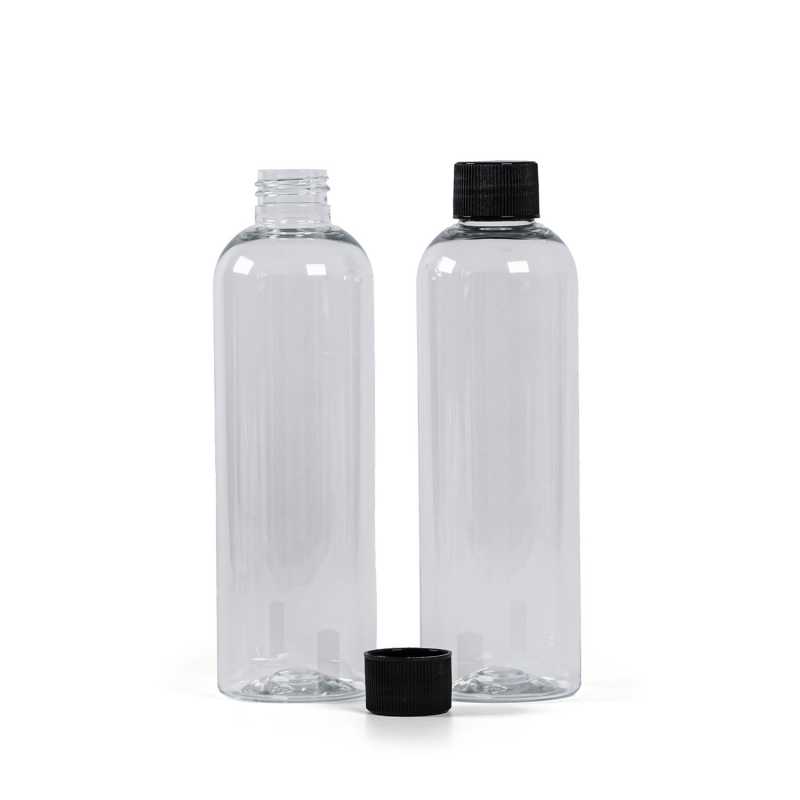 Plastová láhev, průhledná, černé vroubkované víčko, 250 ml