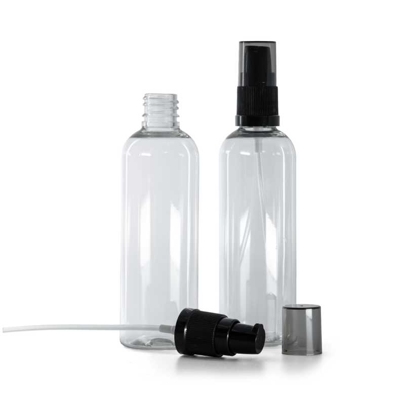 Plastová lahvička průhledná, dávkovač krémů s dýmovým krytem, 100 ml