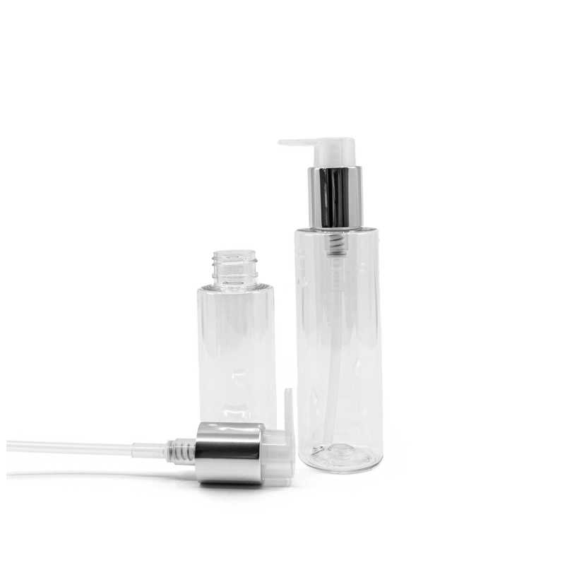 Plastová láhev průhledná, dávkovač stříbrný 100 ml