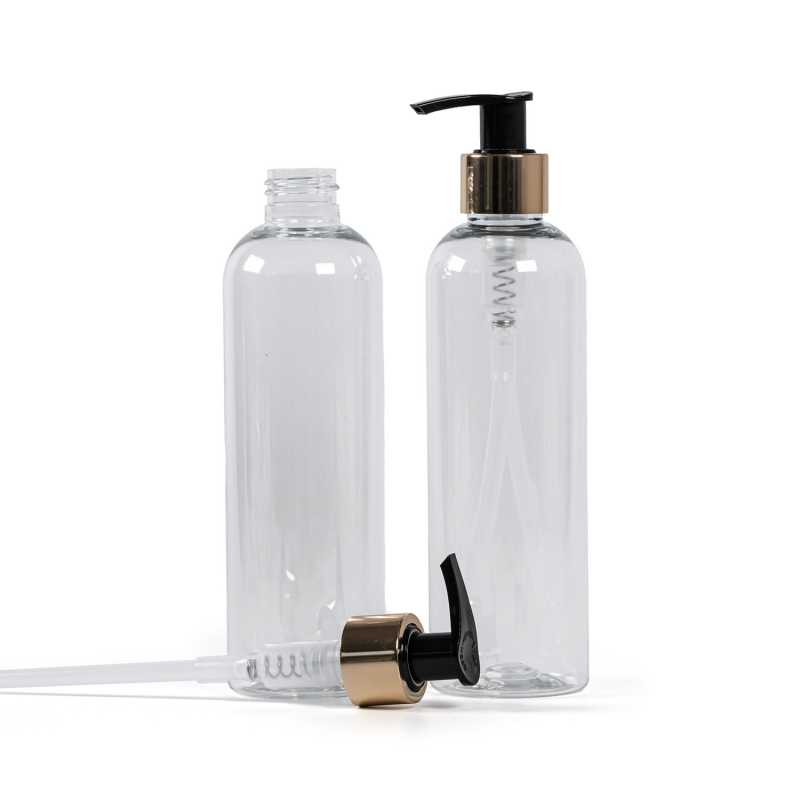 Plastová láhev transparentní, zlatý dávkovač, 250 ml