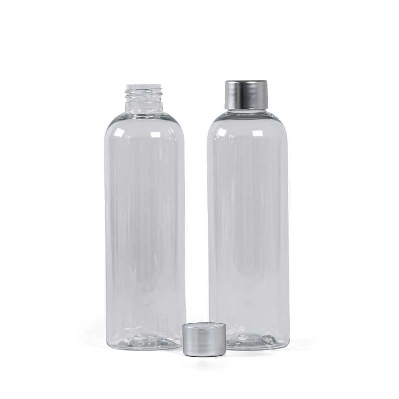 Plastová láhev, průhledná, matné stříbrné víčko, 250 ml